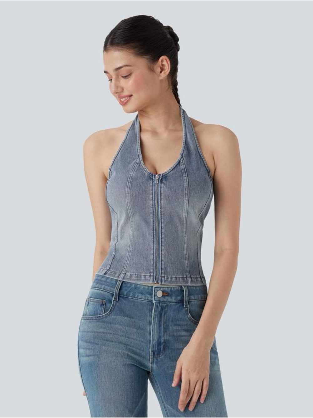 Halara Flex™ Halter Zipper Washed Denim Casual Tank Top large